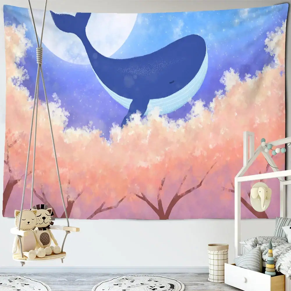 Soft blue whale decorbites dream whale tapestry wall hanging with purple peach sky for kids room decorbites wall hanging