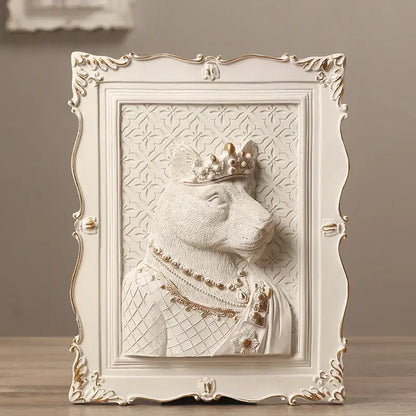White ornate wall decoration frame featuring a sculpted crowned dog portrait in regal attire for bedroom decor