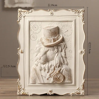Ornate off-white wall decoration frame featuring a lion sculpture in gentleman’s attire with top hat and pocket watch