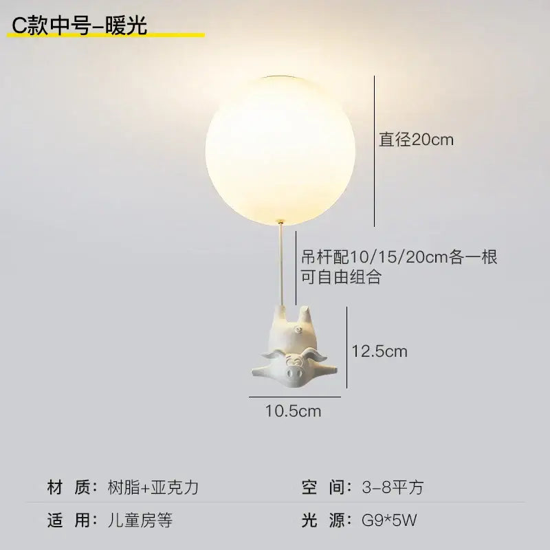 White ceramic pig resin led ceiling light with frosted spherical shade for whimsical bedroom decor