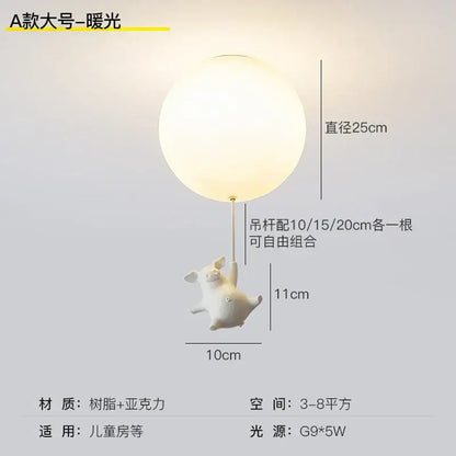 White ceramic pig resin led ceiling light with frosted glass globe and adjustable metal rods for customizable height