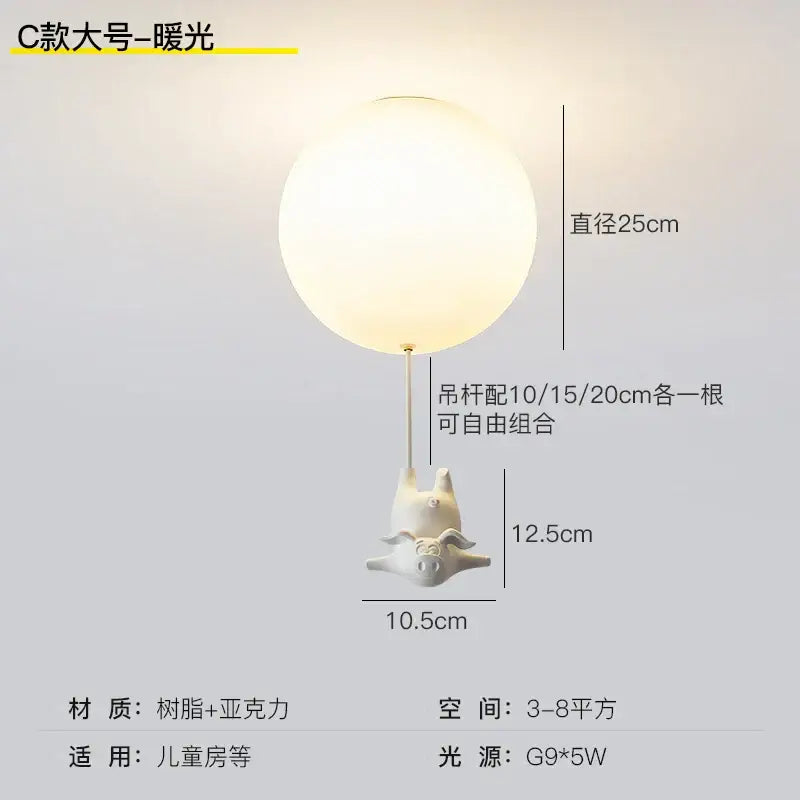 White ceramic flying pig resin led ceiling light with frosted spherical shade for whimsical bedroom decor