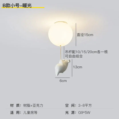 Whimsical white ceiling light shaped like a flying pig with frosted glass globe and pig resin led construction for bedroom