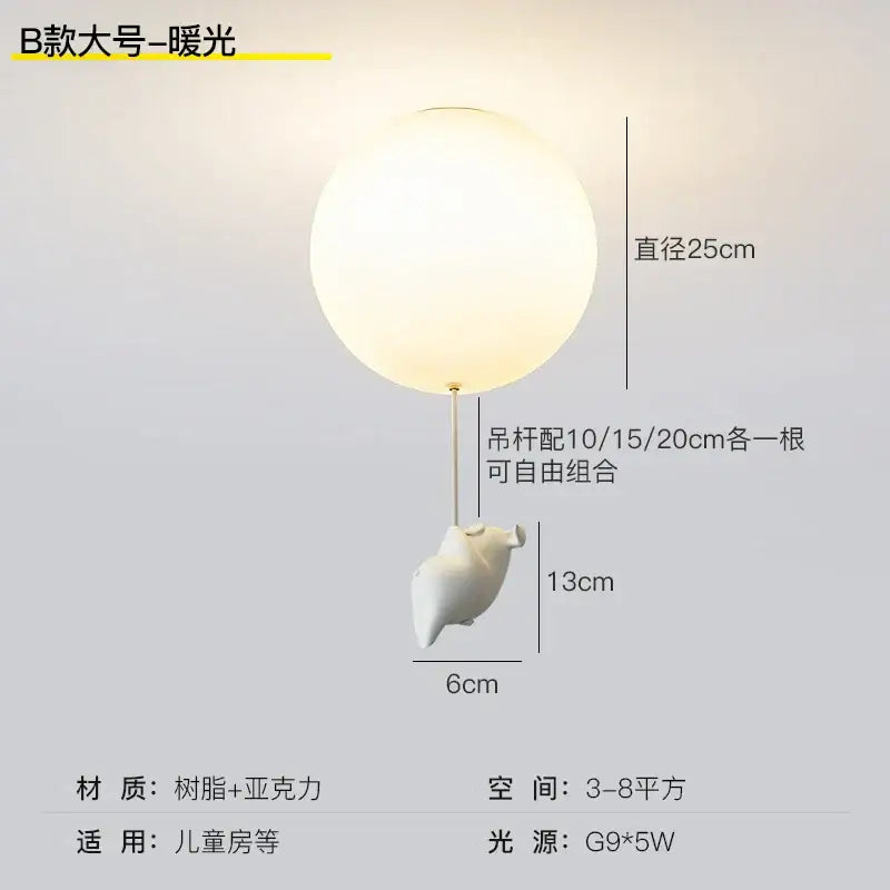 White pig-shaped ceiling light with frosted shade and adjustable rods made of flying pig resin led for bedroom use