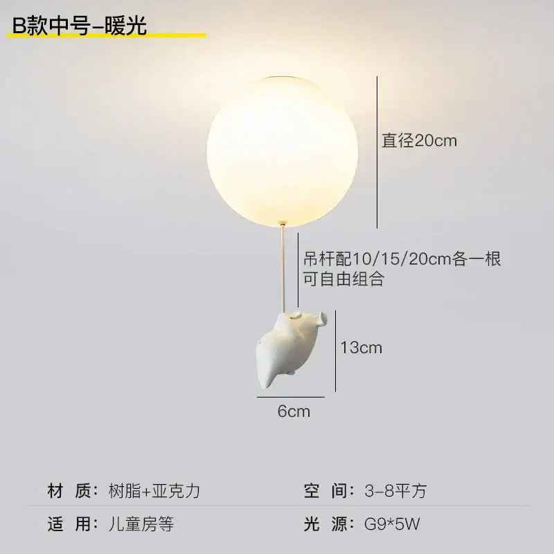 White spherical ceiling light with flying pig resin base made of acrylic and resin for bedroom use