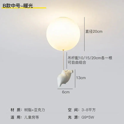 White spherical ceiling light with flying pig resin base made of acrylic and resin for bedroom use