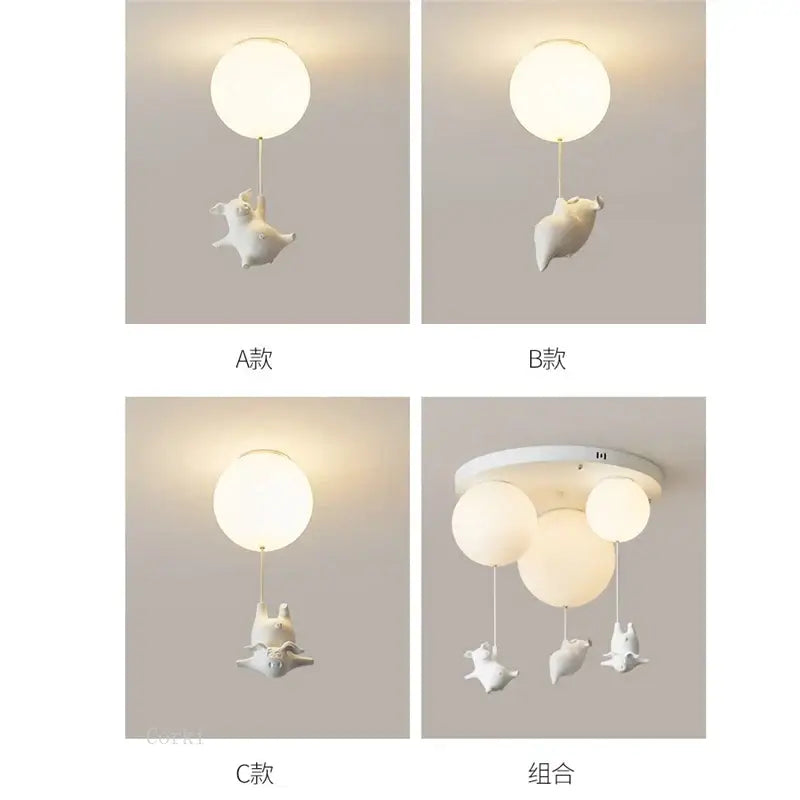 Whimsical white ceramic pig resin led ceiling light fixtures with spherical globe bulbs for bedroom decor