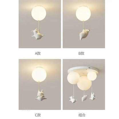 Whimsical white ceramic pig resin led ceiling light fixtures with spherical globe bulbs for bedroom decor
