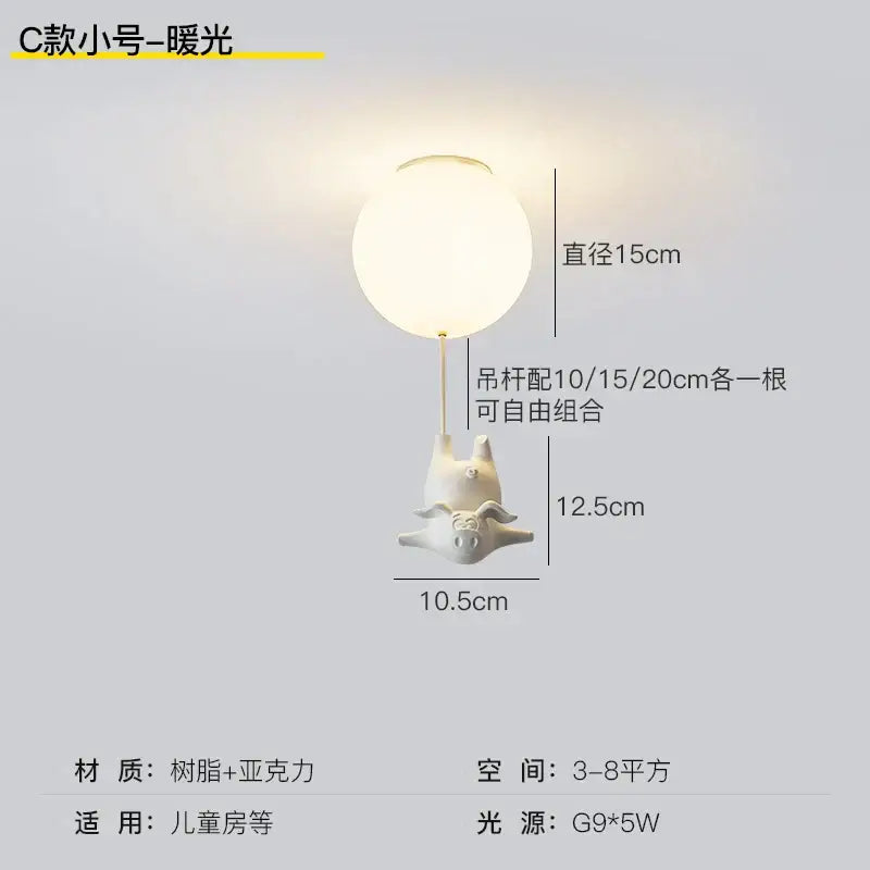 White ceramic pig resin led ceiling light with frosted glass globe for whimsical bedroom decor