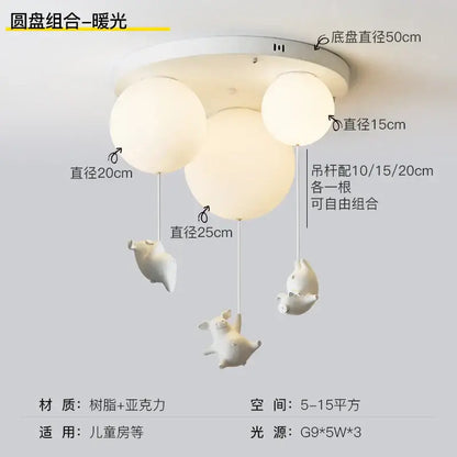 White pig-shaped flying pig resin ceiling light with frosted glass globes and ABS plastic for children’s rooms