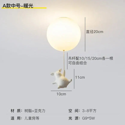 Whimsical white flying pig resin led ceiling light with frosted shade and adjustable rods for bedroom use