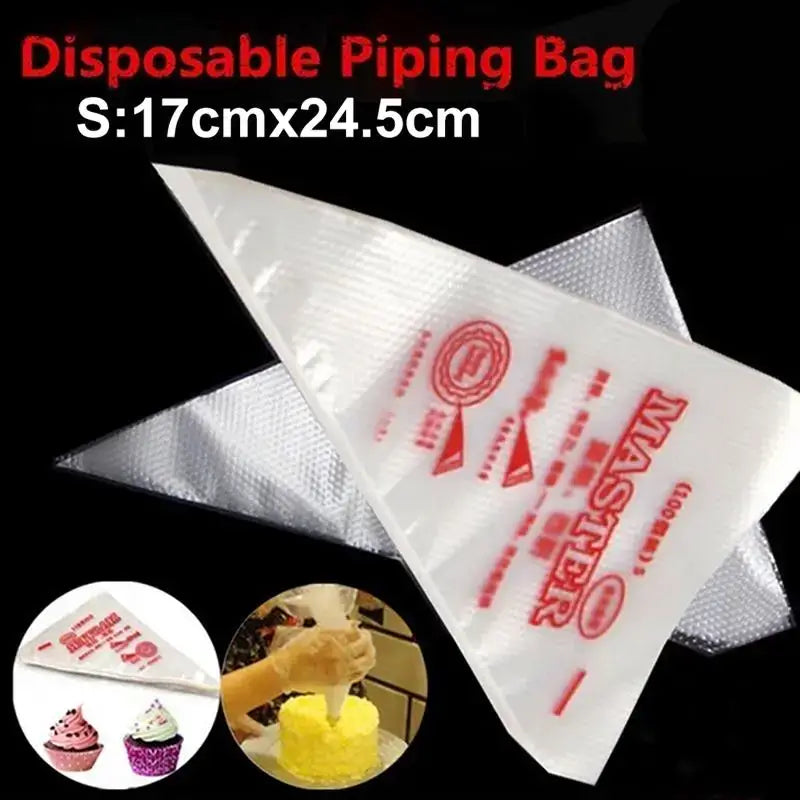 White 50 piece set of transparent disposable pastry bags with red master branding and measurement markings for baking use