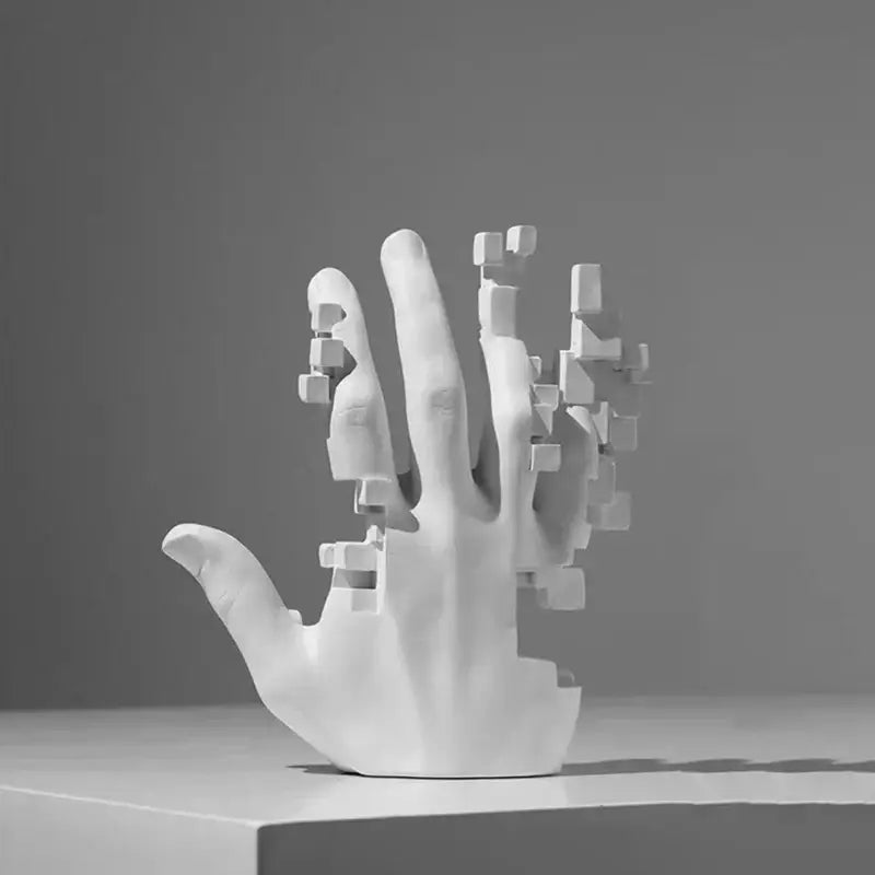 White abstract mosaic sculpture resin figurine featuring a hand with interlocking geometric blocks for living room decorbites decor