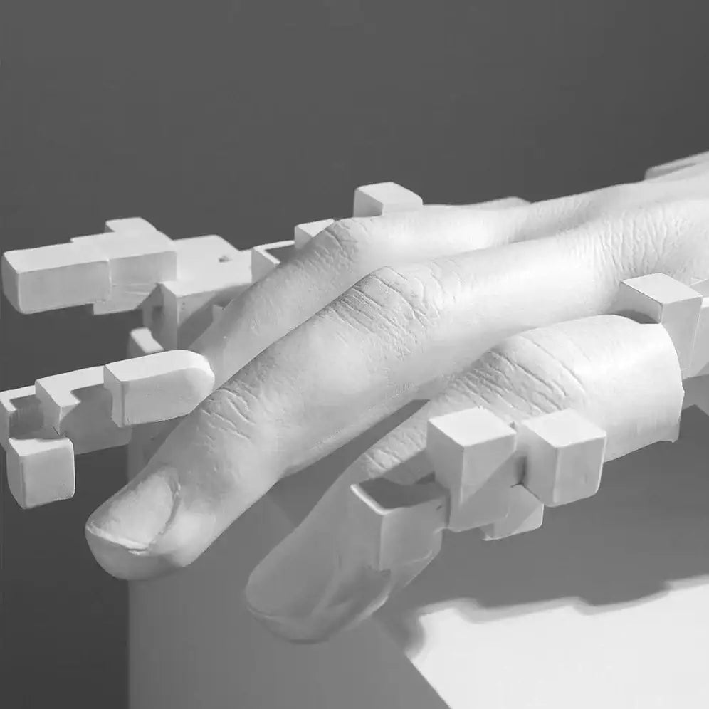 White abstract mosaic sculpture resin figurine featuring a sculpted robotic hand with articulated fingers for living room decorbites decor