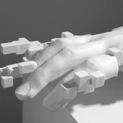 White abstract mosaic sculpture resin figurine featuring a sculpted robotic hand with articulated fingers for living room decorbites decor
