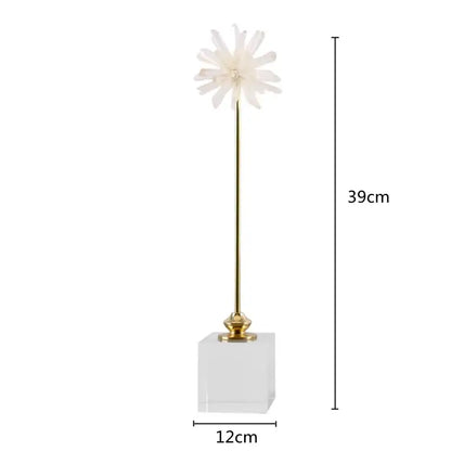 White agate flower home decor figurine with delicate white flower and gold stem on clear acrylic marble base