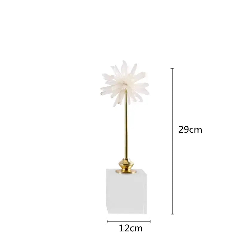 White agate flower home decor figurine with delicate crystal petals on a gold stem and marble decor figurine base