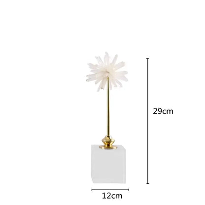White agate flower home decor figurine with delicate crystal petals on a gold stem and marble decor figurine base
