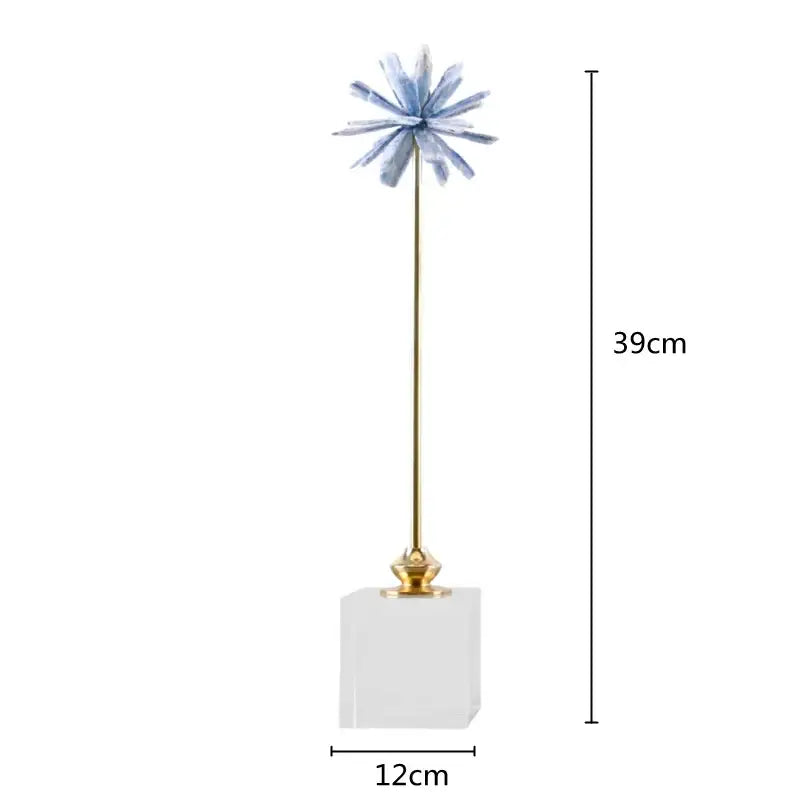 Delicate blue crystalline flower home decor figurine with slender gold stem on clear acrylic base for living room decor