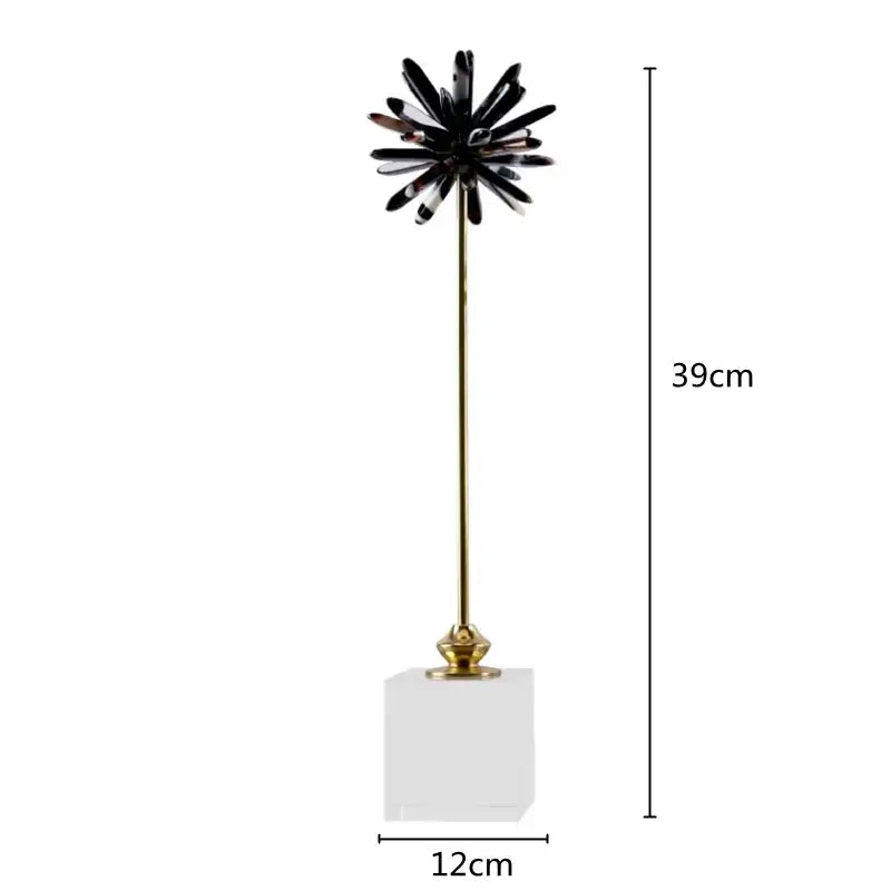 White agate flower home decor figurine with black crystal starburst and gold stem on a marble acrylic base for living room decor