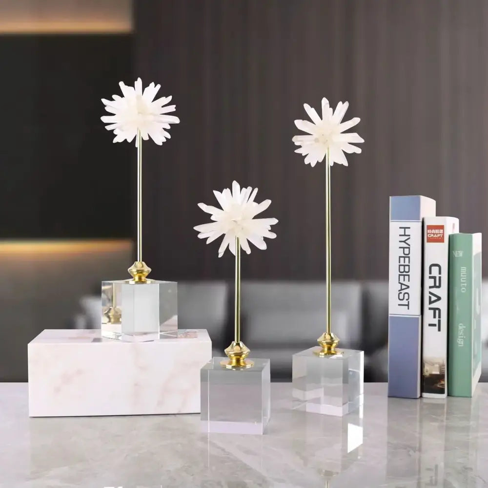 White agate flower home decor figurine with white daisy design on gold stems and marble base for living room decor