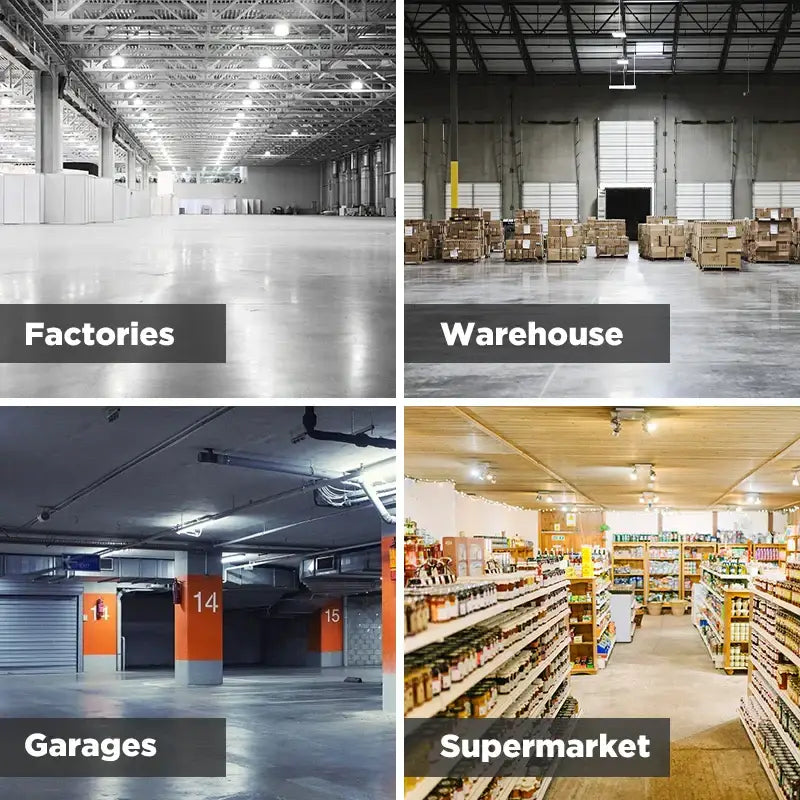 Four indoor spaces featuring a factory, warehouse, underground garage, and decorbites 100w e27 led bulb in black and white
