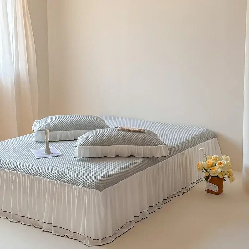 White and black ruffled bedding set with subtle black trim offering decorbites cool feeling bedroom decor