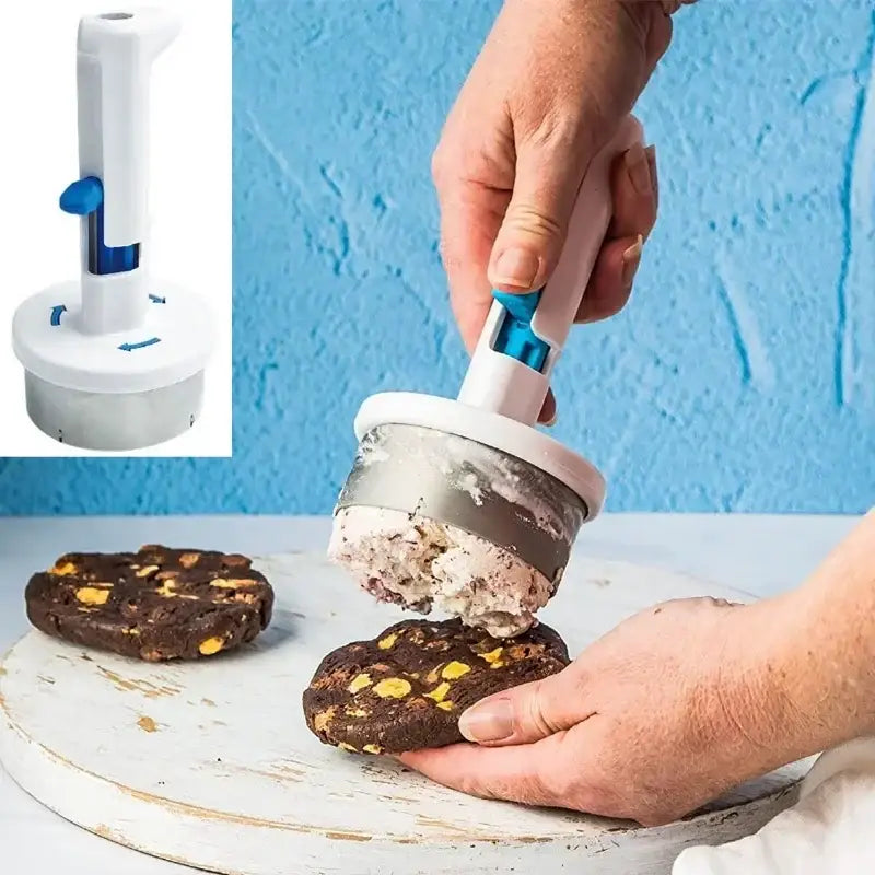 White and blue metal ice cream scoop with a sharp cutting edge for kitchen and sandwich use