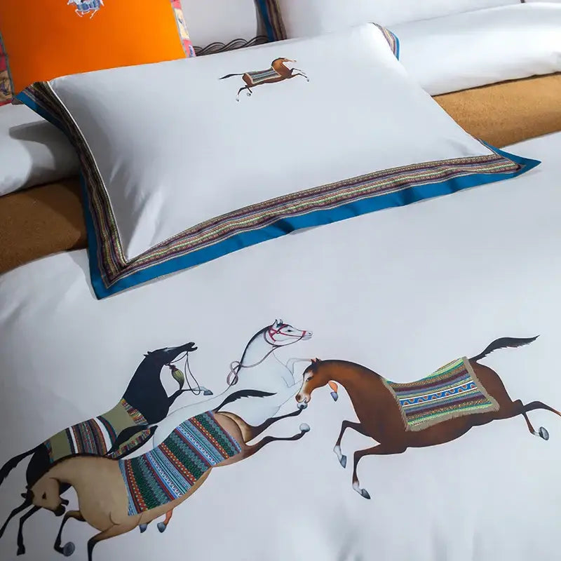 White and brown galloping horse luxury bedding set with embroidered pillowcase and colorful striped border decorbites galloping horse
