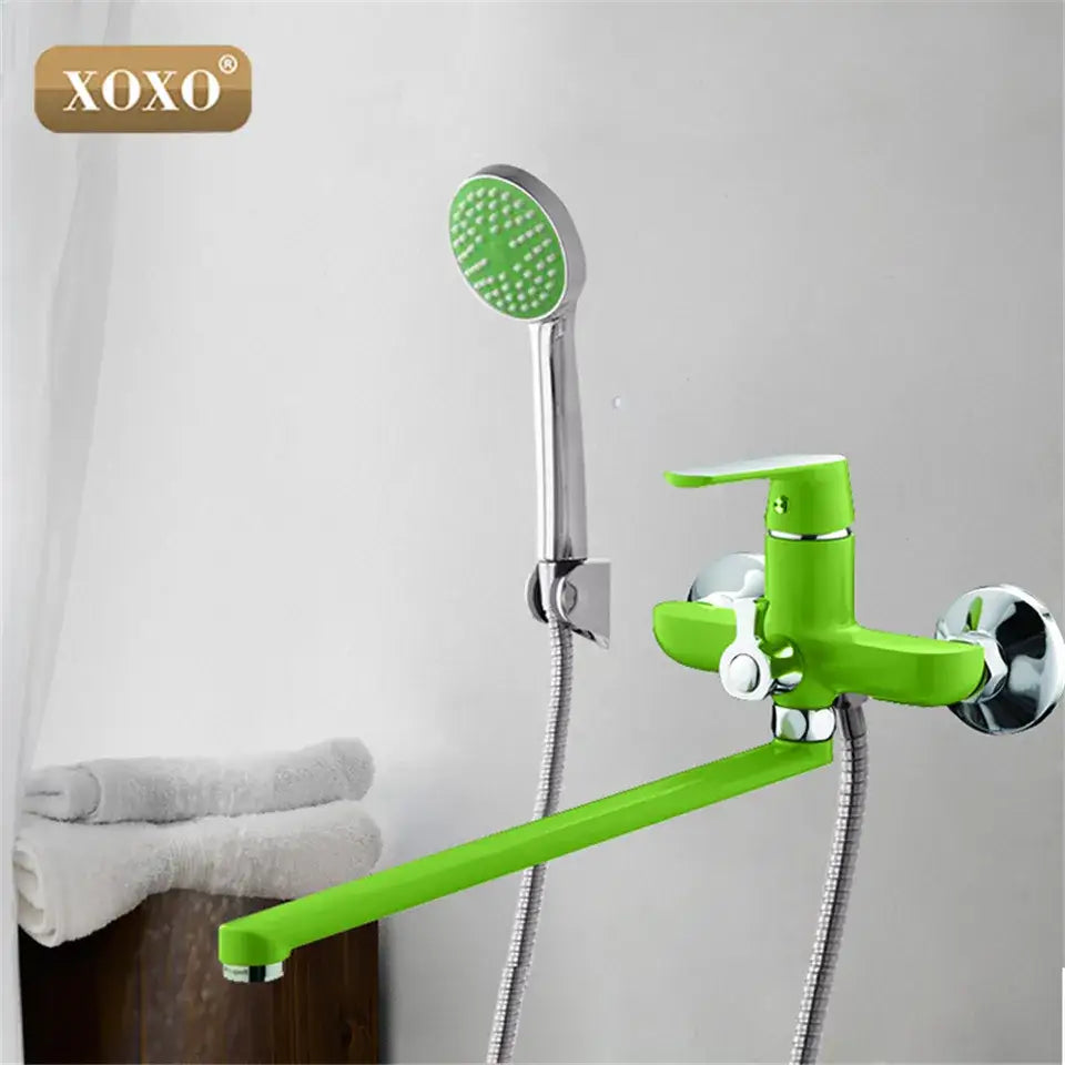 Bright green xoxo brand bathtub shower faucet set with chrome accents and matching handheld showerhead for bathroom use