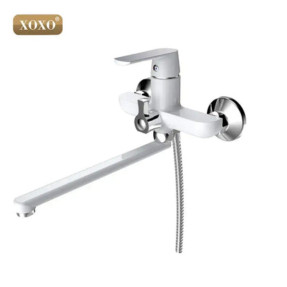 White and chrome bathtub shower faucet with long spout and detachable flexible hose for bathroom handheld showerhead