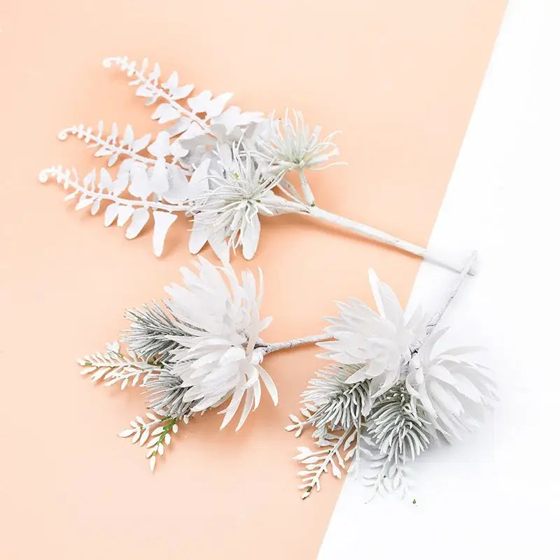 White and frosted green decorbites decorative flowers featuring artificial floral sprigs with feathery leaves for wedding bouquets