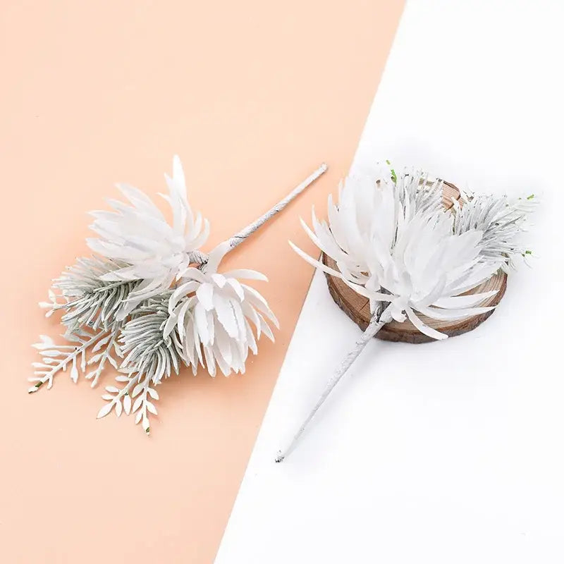 White and frosted green decorbites decorative flowers wedding bouquet with artificial floral arrangements and delicate petals