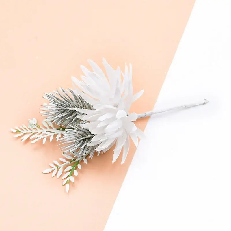 White and frosted green decorbites decorative flowers wedding bouquet with silver-frosted pine needles and slender stem