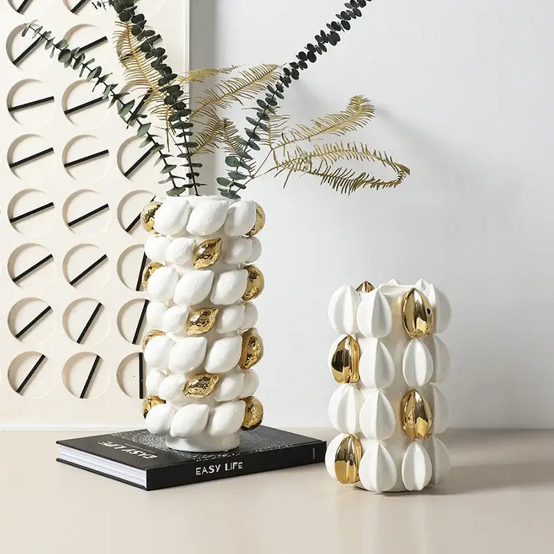White and gold carambola ceramic vase with textured segmented design for living room decorbites lemon carambola decor