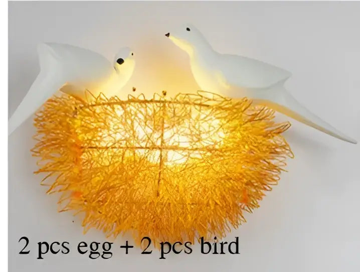 White and gold ceramic birds nest wall lamp with glowing golden wire nest for children room wall lamp