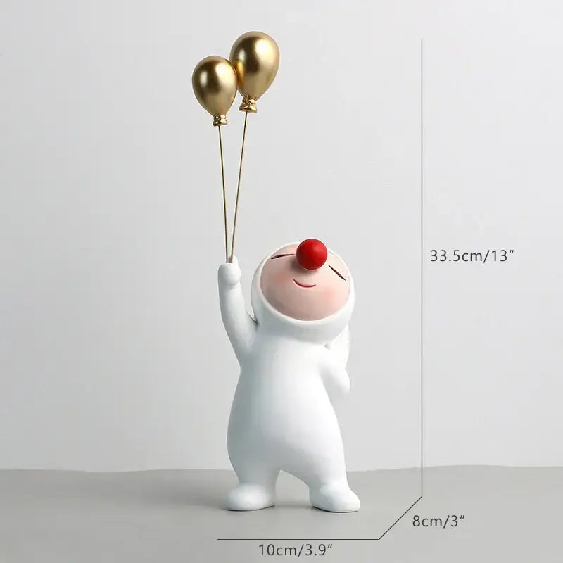 White and gold ceramic clown bust sculpture holding three gold balloons for kids room candy tray decor