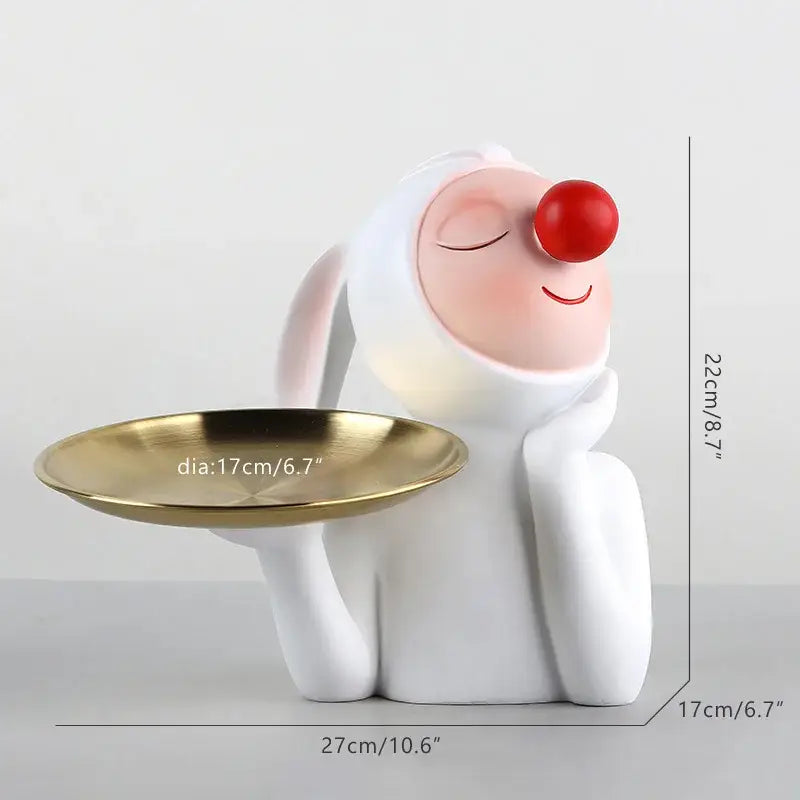 White and gold ceramic clown bust sculpture holding a gold tray for kids room candy display