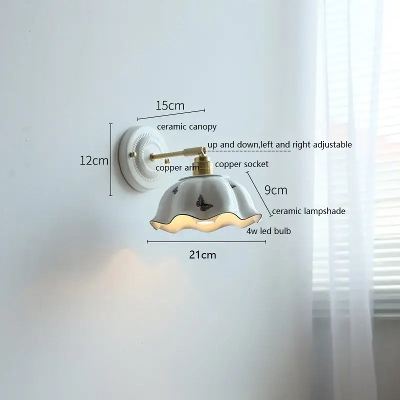 White and gold decorbites ceramic led wall light with scalloped butterfly lampshade and brass copper arm and canopy