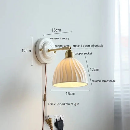 White and gold ceramic led wall light with ribbed ceramic shade and brass copper arm for bedroom decorbites ceramic led decor