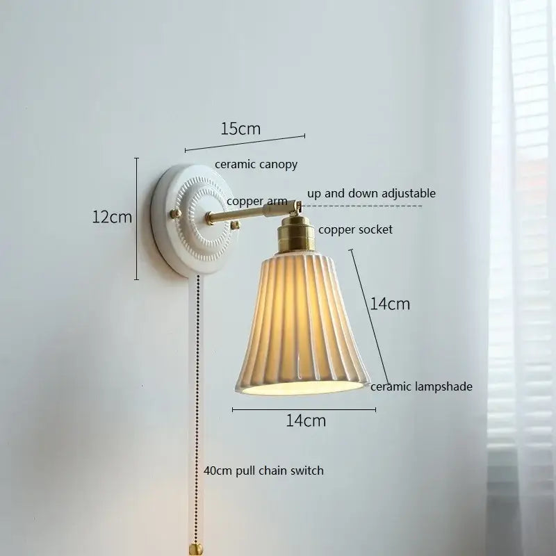 Vintage-style white and gold ceramic led wall light with brass arm and fluted beige ceramic shade for bedroom decorbites ceramic led wall