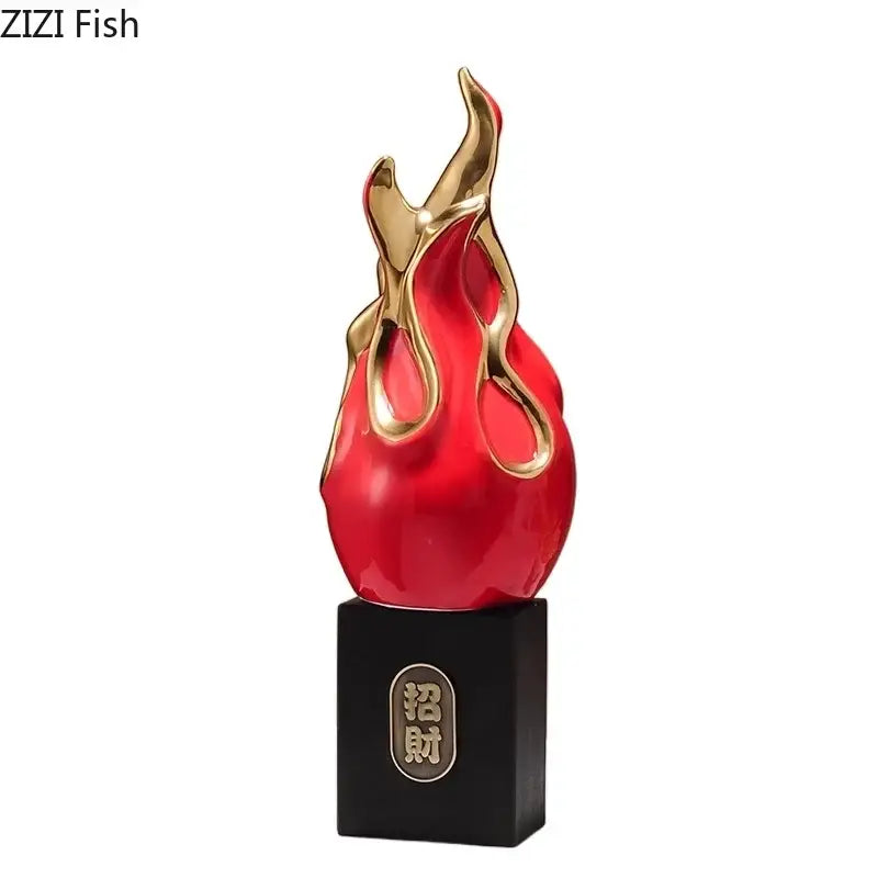 Red and gold flame-shaped feng shui ornament on black base with chinese characters for living room decor