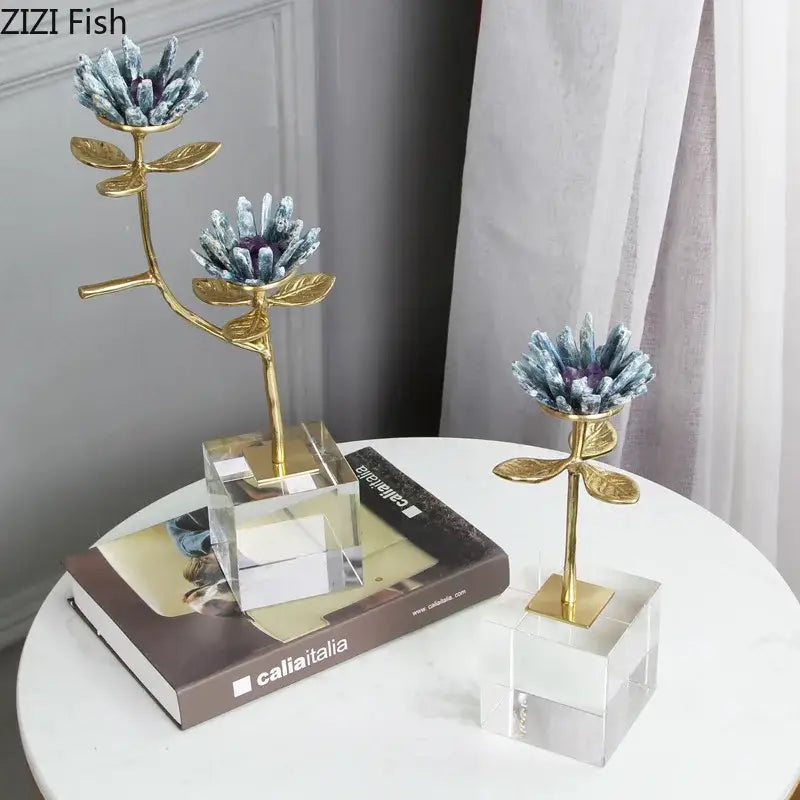 White and gold crystal flower branch desk ornament featuring gold-toned metallic flowers with blue and purple centers on acrylic bases