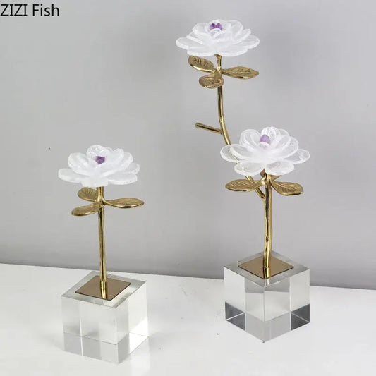 White and gold crystal flower branch desk ornament with glass flowers and gold stems on clear crystal base decorbites decor