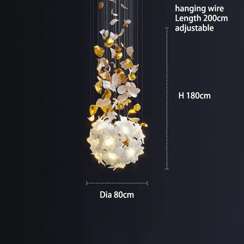 Elegant white and gold decorbites crystal flower luxury chandelier with cascading petals and glowing center for dining room light
