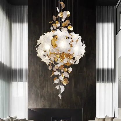 White and gold crystal flower luxury chandelier with leaf-shaped elements for dining room decorbites crystal flower lighting