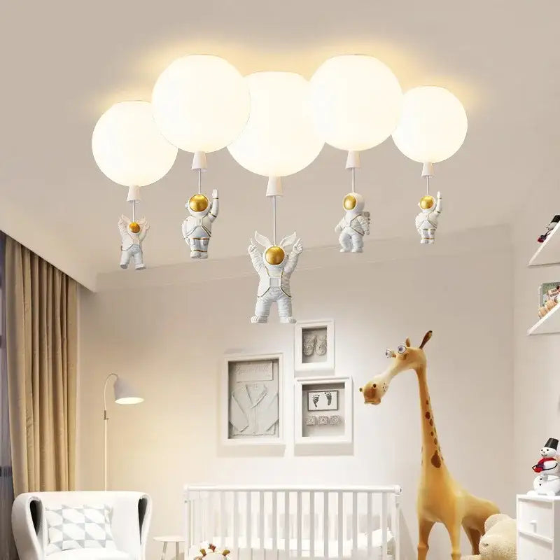White and gold decorbites astronaut space ball ceiling lamp with five spherical bulbs and astronaut helmets for kids room