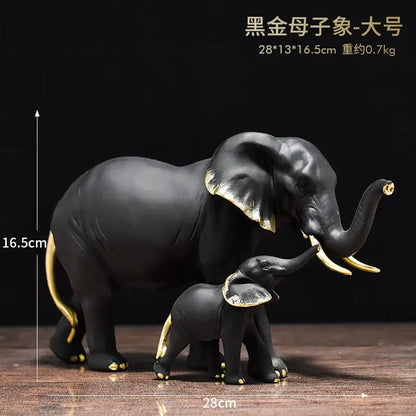 Black mother and baby elephant resin sculpture ornaments with gold-trimmed details for living room decorbites elephant resin