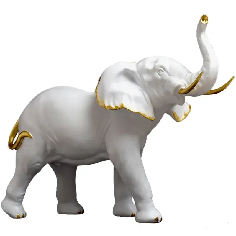 White and gold elephant resin sculpture ornament with gold-trimmed ears trunk tusks and tail for living room decorbites decor