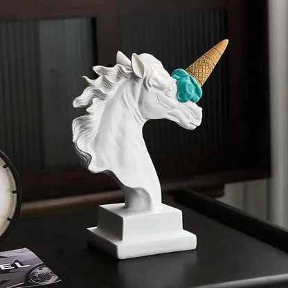 White resin horse head decorbites ice cream sculpture with gold waffle cone horn and teal ice cream scoop for office decor